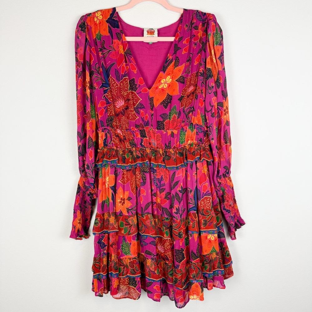 Farm Rio Tropical Tapestry Mini Dress Long Sleeve Floral Pink Size Medium - Picture 4 of 16
